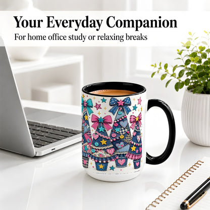 #pl[15oz|Black] Patchwork Christmas Tree Ceramic Mug, Denim Bow Holiday Design