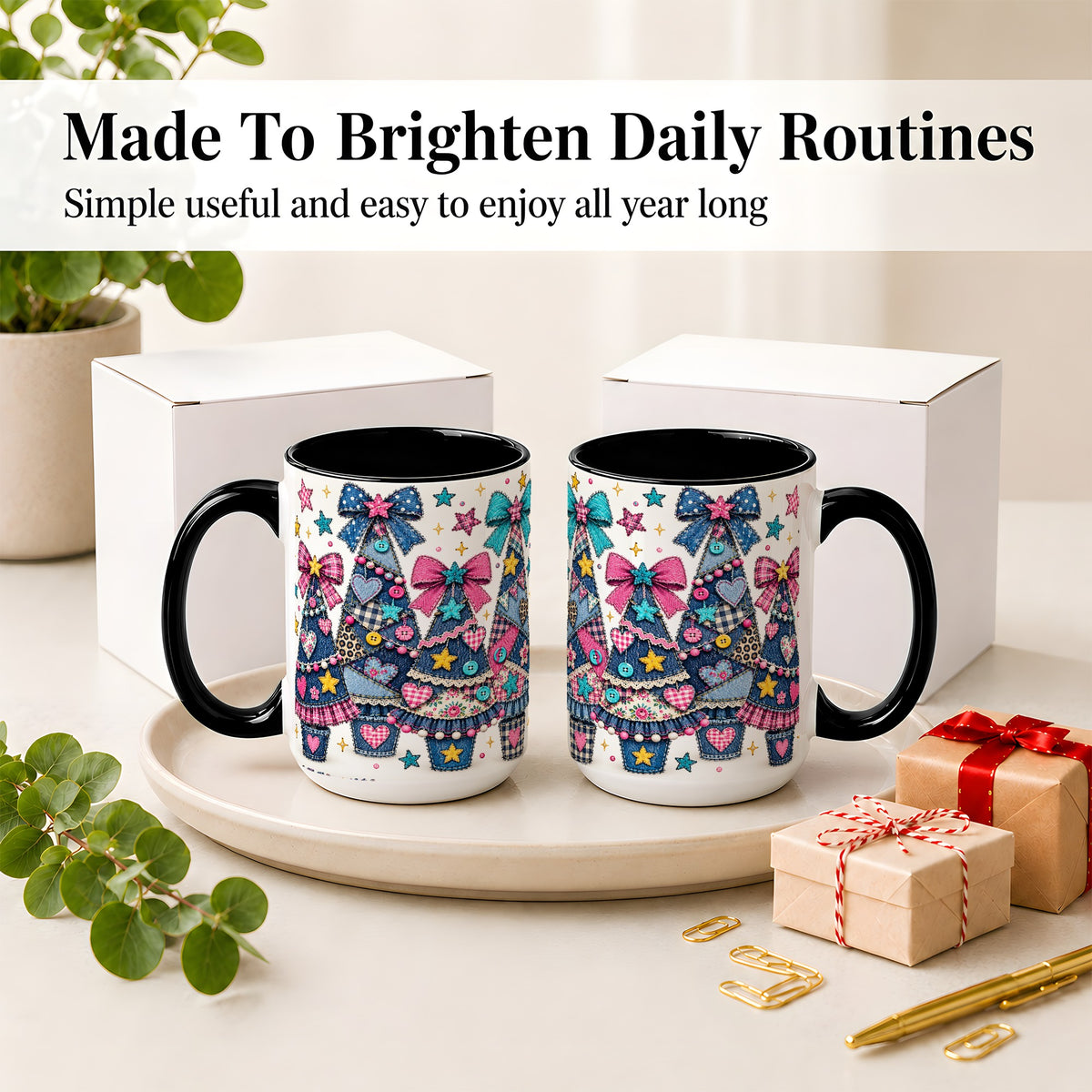 #pl[15oz|Black] Patchwork Christmas Tree Ceramic Mug, Denim Bow Holiday Design