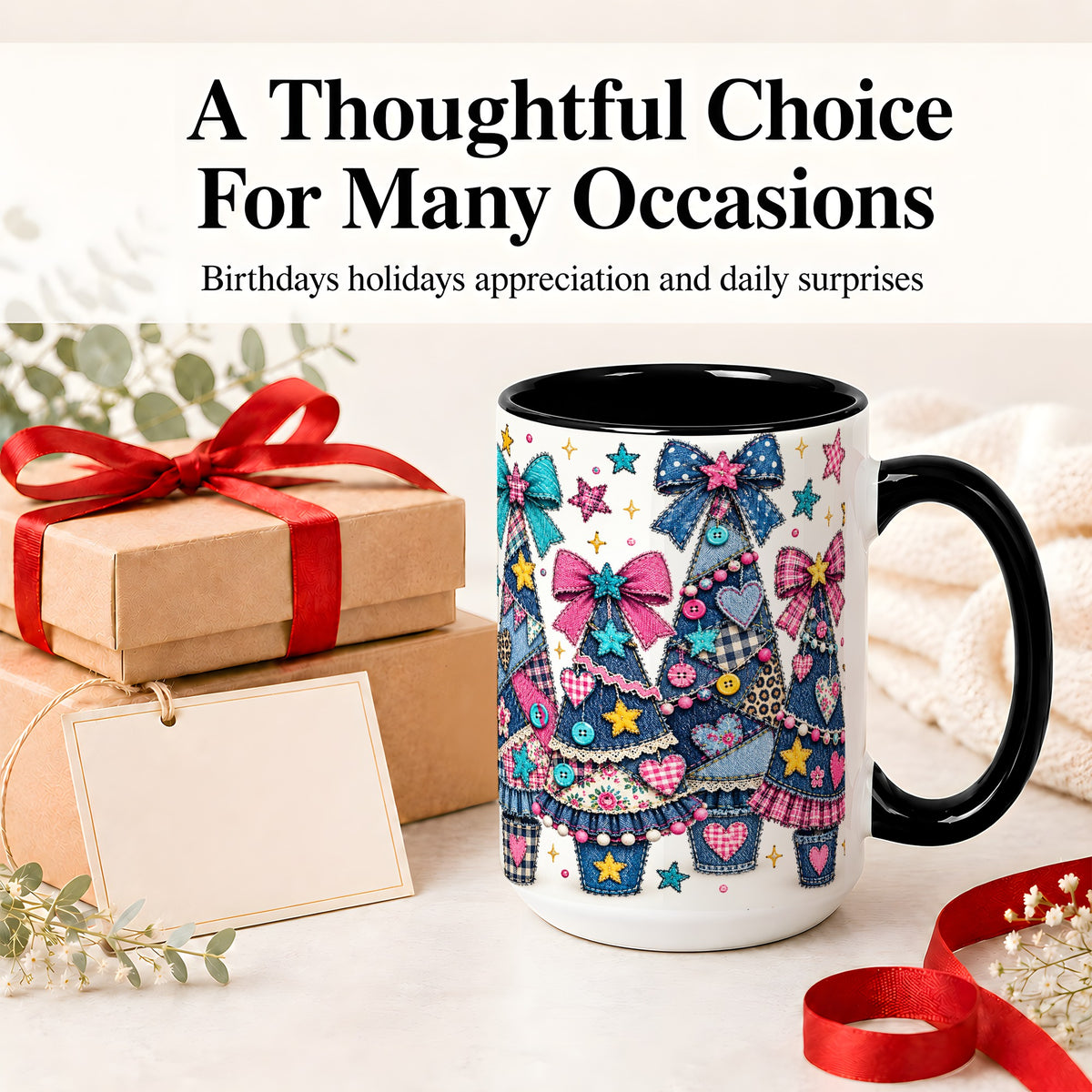 #pl[15oz|Black] Patchwork Christmas Tree Ceramic Mug, Denim Bow Holiday Design