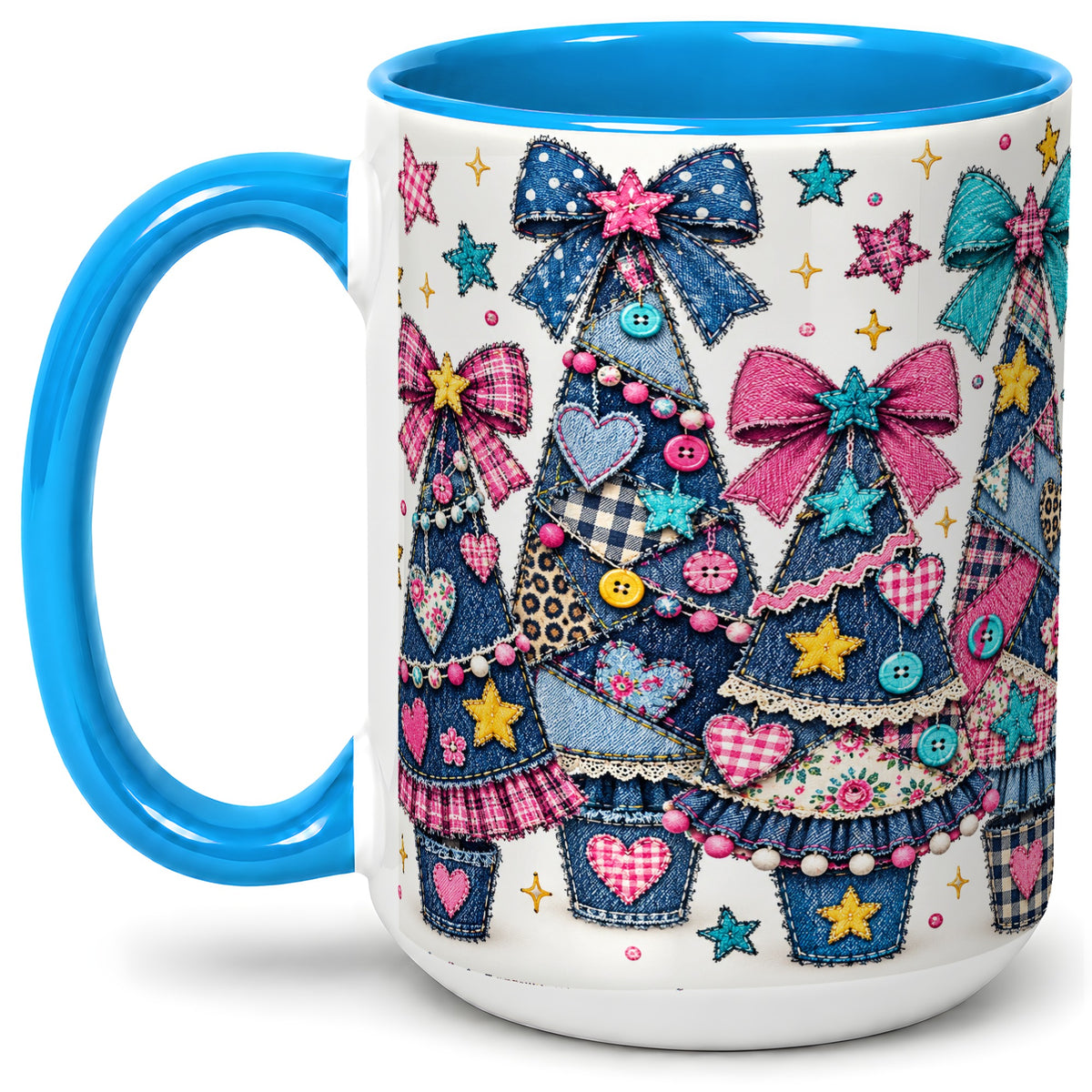 #pl[15oz|Blue] Patchwork Christmas Tree Ceramic Mug, Denim Bow Holiday Design