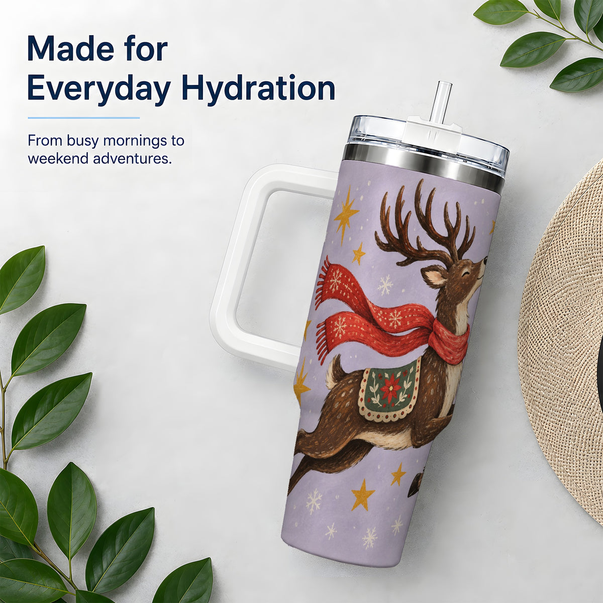 #pl[40oz|White] Christmas Reindeer 40oz Tumbler, Festive Starry Deer Artwork