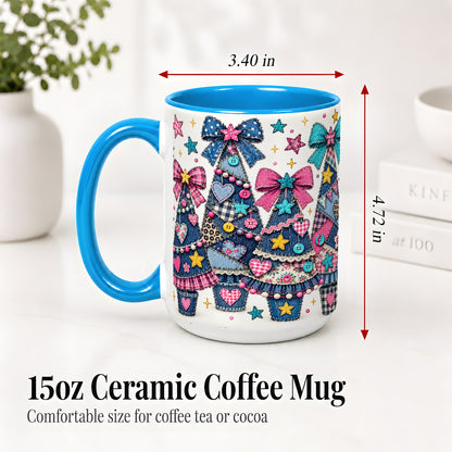 #pl[15oz|Blue] Patchwork Christmas Tree Ceramic Mug, Denim Bow Holiday Design