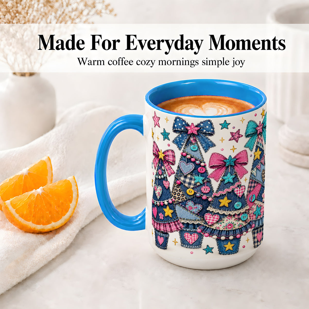 #pl[15oz|Blue] Patchwork Christmas Tree Ceramic Mug, Denim Bow Holiday Design