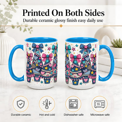 #pl[15oz|Blue] Patchwork Christmas Tree Ceramic Mug, Denim Bow Holiday Design
