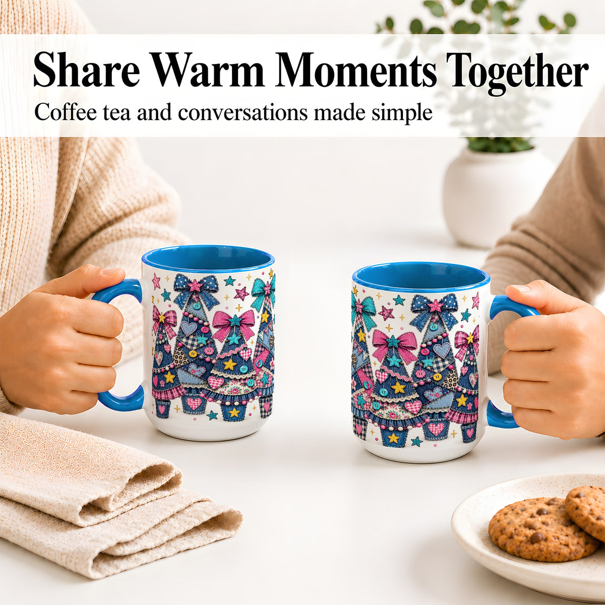 #pl[15oz|Blue] Patchwork Christmas Tree Ceramic Mug, Denim Bow Holiday Design