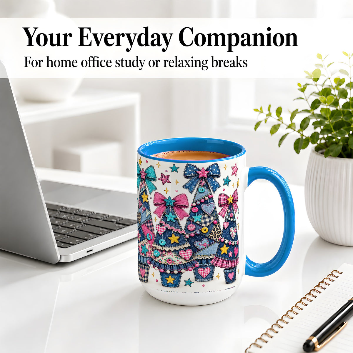 #pl[15oz|Blue] Patchwork Christmas Tree Ceramic Mug, Denim Bow Holiday Design