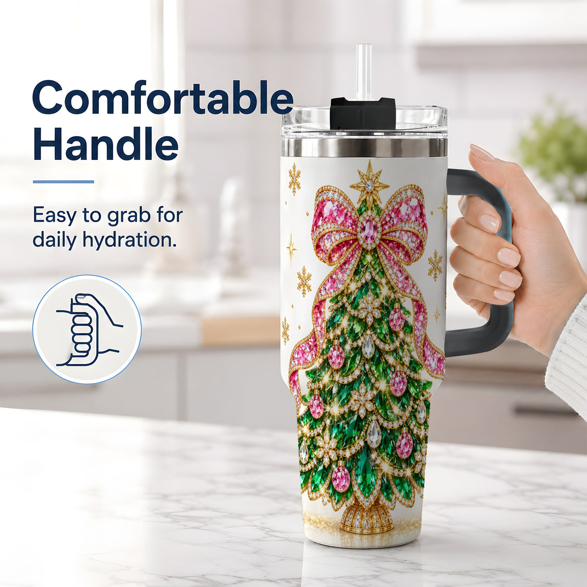 #pl[40oz|Black] Jeweled Christmas Tree 40oz Tumbler, Sparkling Holiday Artwork