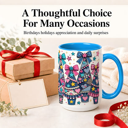 #pl[15oz|Blue] Patchwork Christmas Tree Ceramic Mug, Denim Bow Holiday Design