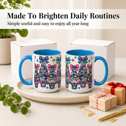 #pl[15oz|Blue] Patchwork Christmas Tree Ceramic Mug, Denim Bow Holiday Design