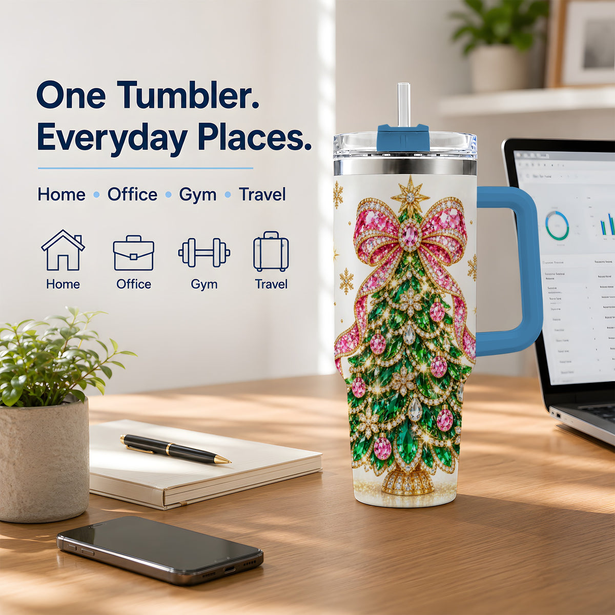 #pl[40oz|Blue] Jeweled Christmas Tree 40oz Tumbler, Sparkling Holiday Artwork