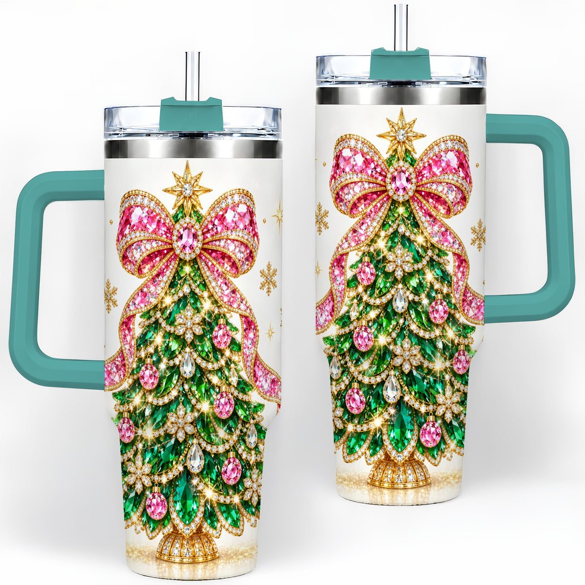 #pl[40oz|Green] Jeweled Christmas Tree 40oz Tumbler, Sparkling Holiday Artwork