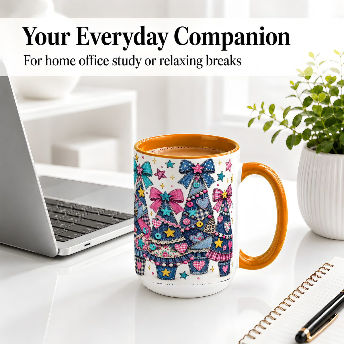 #pl[15oz|Orange] Patchwork Christmas Tree Ceramic Mug, Denim Bow Holiday Design