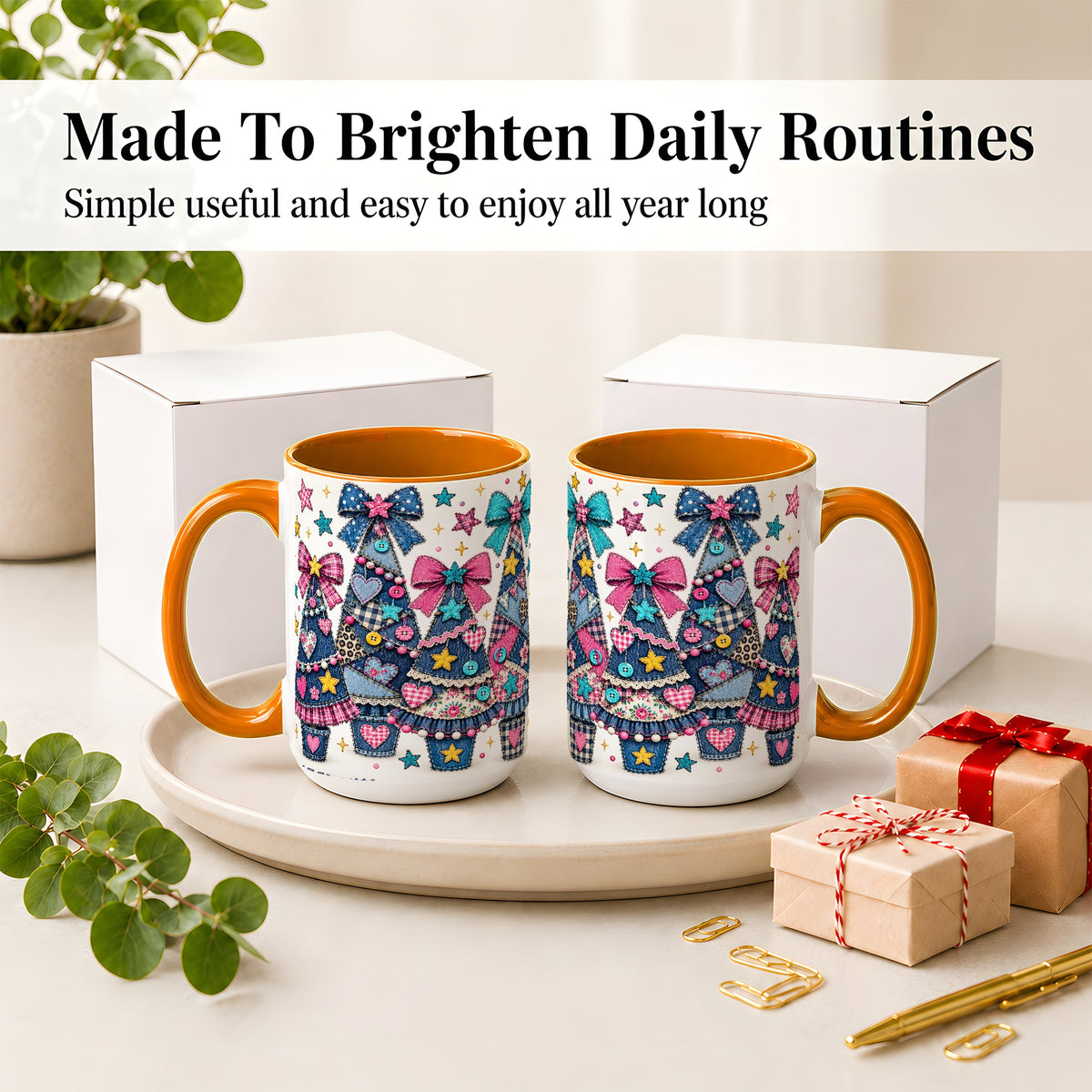 #pl[15oz|Orange] Patchwork Christmas Tree Ceramic Mug, Denim Bow Holiday Design