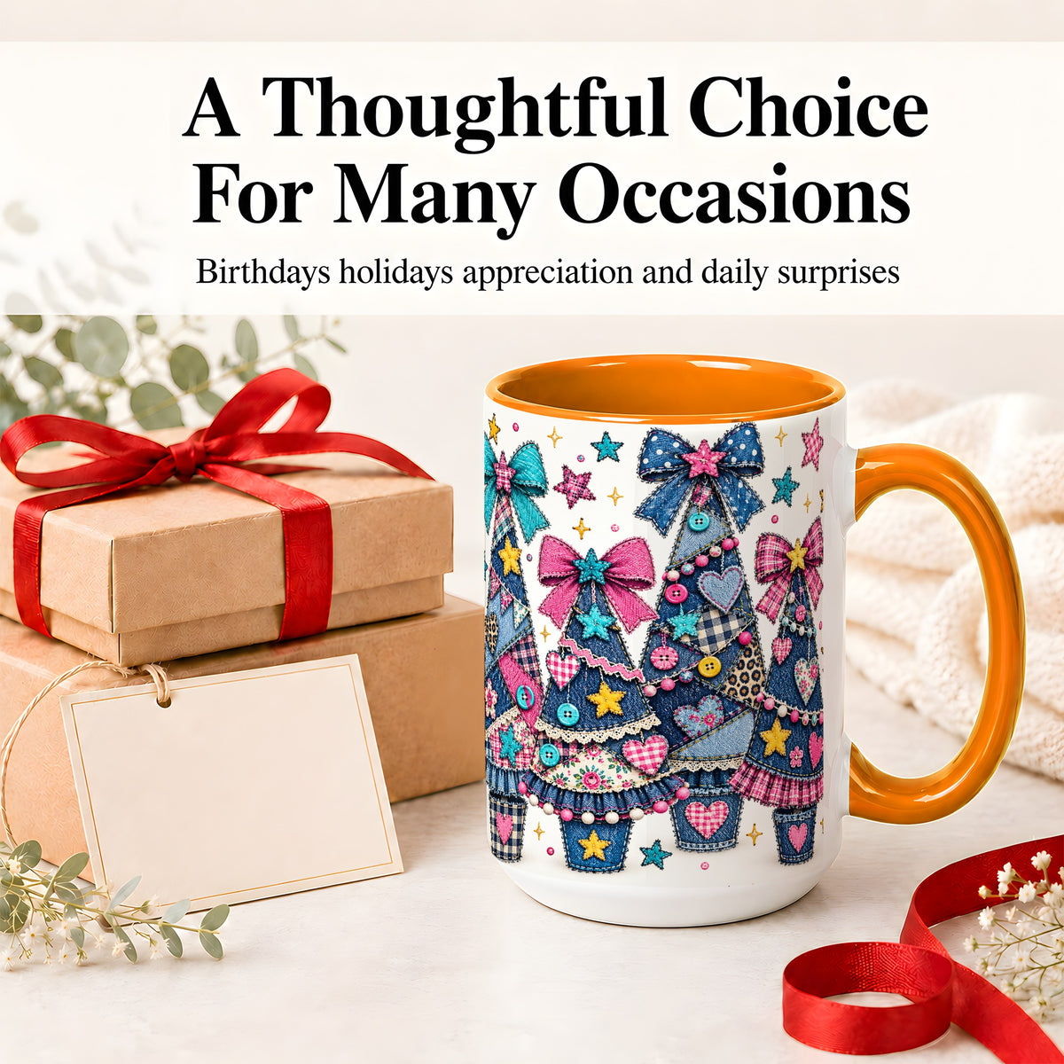 #pl[15oz|Orange] Patchwork Christmas Tree Ceramic Mug, Denim Bow Holiday Design