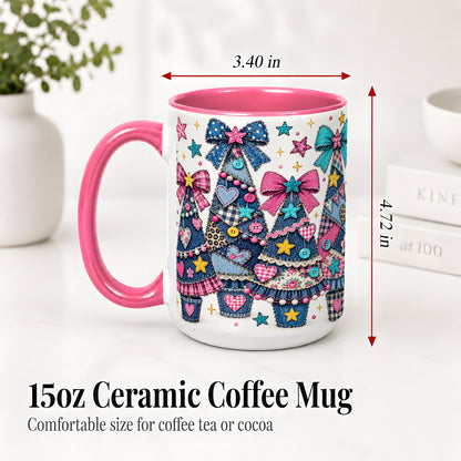 #pl[15oz|Pink] Patchwork Christmas Tree Ceramic Mug, Denim Bow Holiday Design