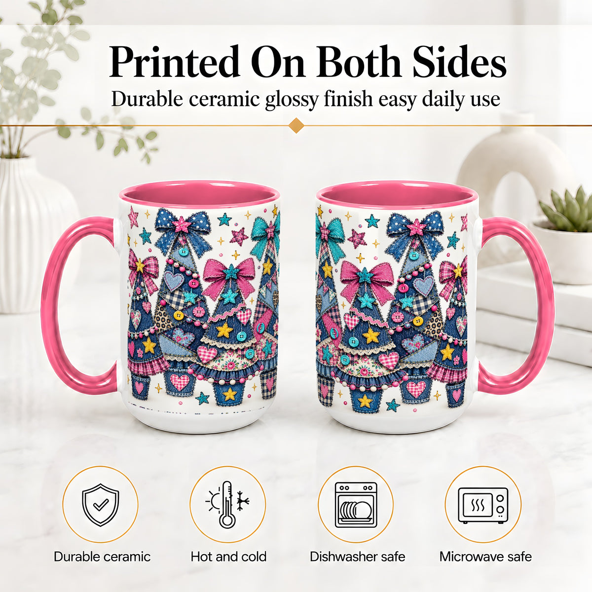 #pl[15oz|Pink] Patchwork Christmas Tree Ceramic Mug, Denim Bow Holiday Design