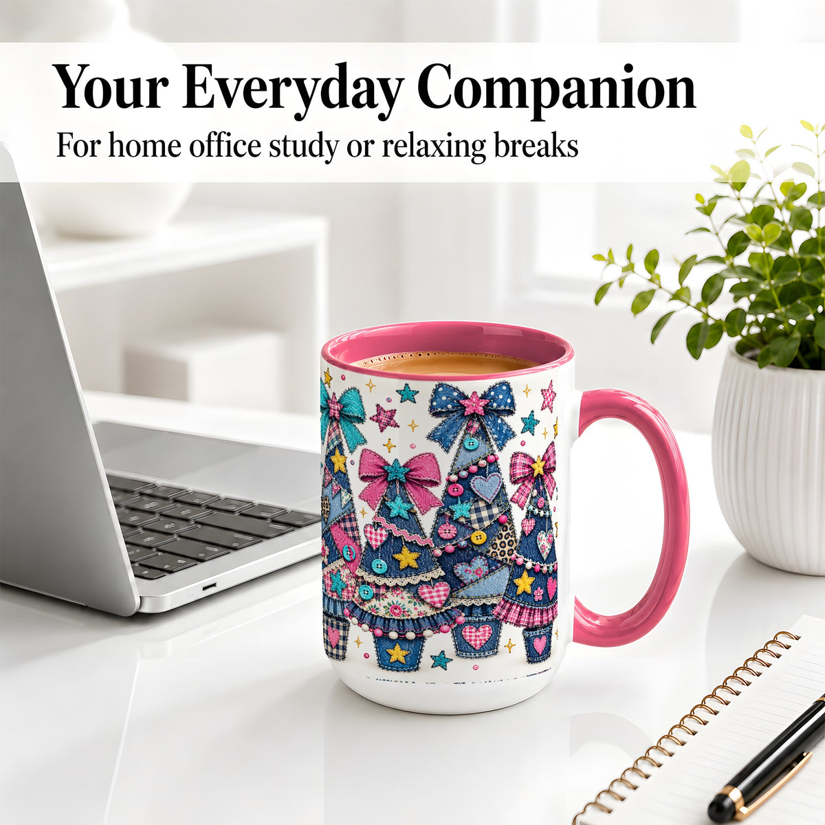 #pl[15oz|Pink] Patchwork Christmas Tree Ceramic Mug, Denim Bow Holiday Design