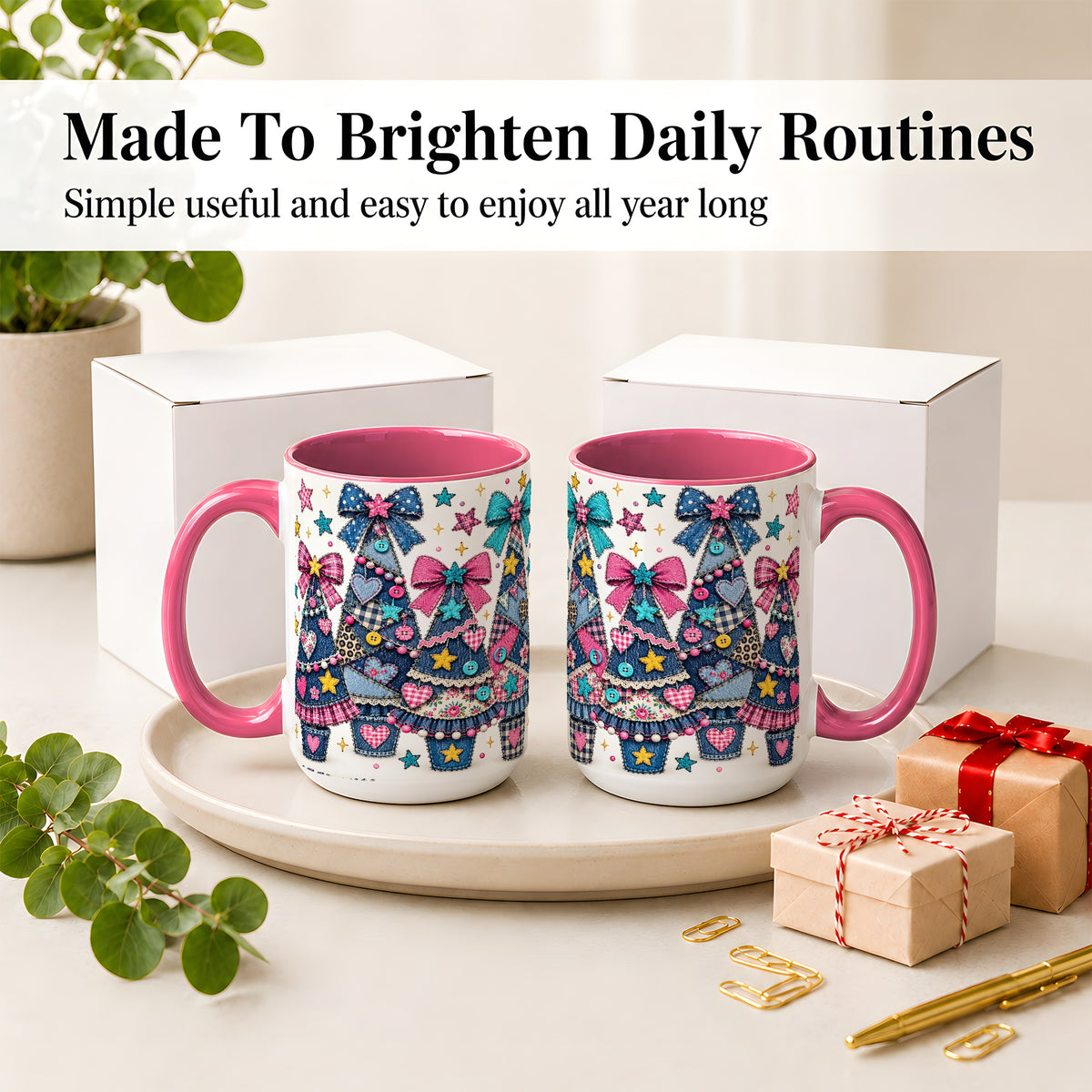 #pl[15oz|Pink] Patchwork Christmas Tree Ceramic Mug, Denim Bow Holiday Design
