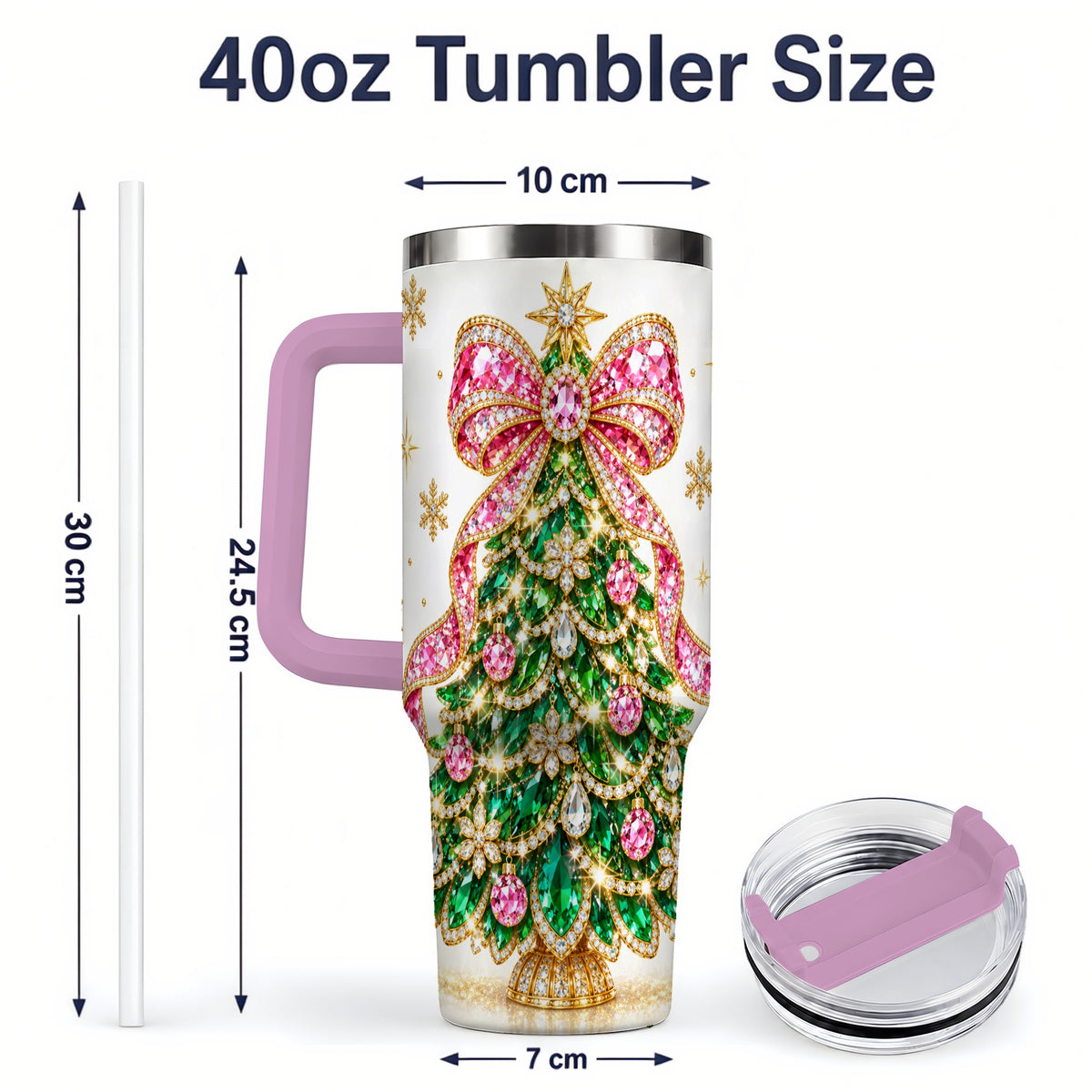 #pl[40oz|Pink] Jeweled Christmas Tree 40oz Tumbler, Sparkling Holiday Artwork