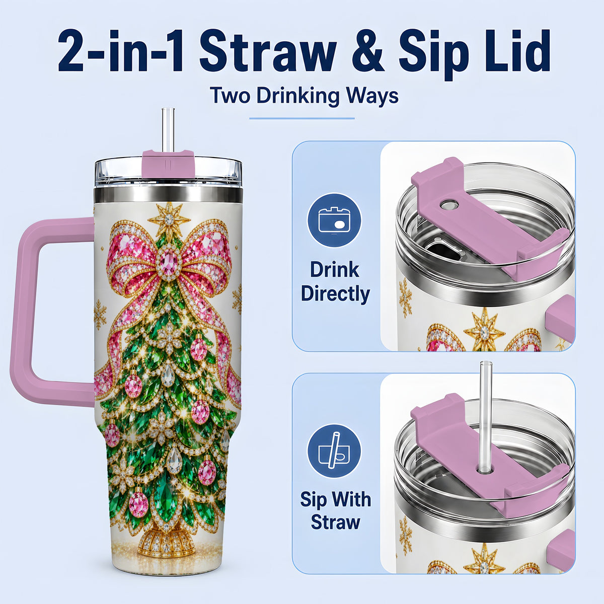 #pl[40oz|Pink] Jeweled Christmas Tree 40oz Tumbler, Sparkling Holiday Artwork