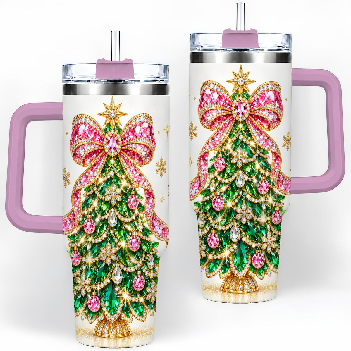 #pl[40oz|Pink] Jeweled Christmas Tree 40oz Tumbler, Sparkling Holiday Artwork
