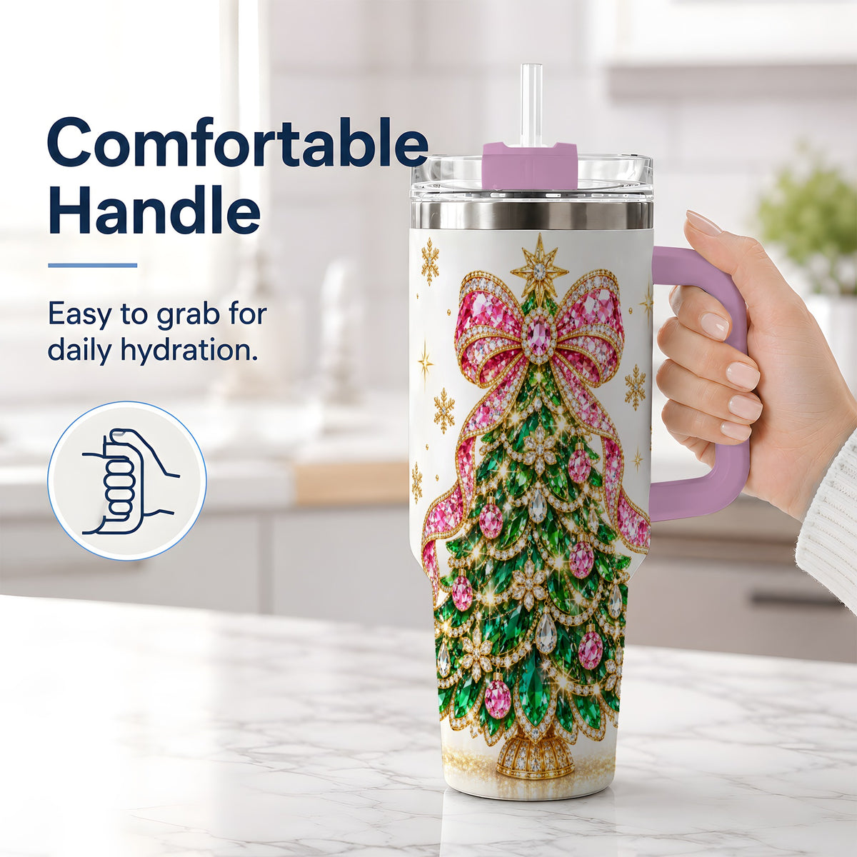 #pl[40oz|Pink] Jeweled Christmas Tree 40oz Tumbler, Sparkling Holiday Artwork
