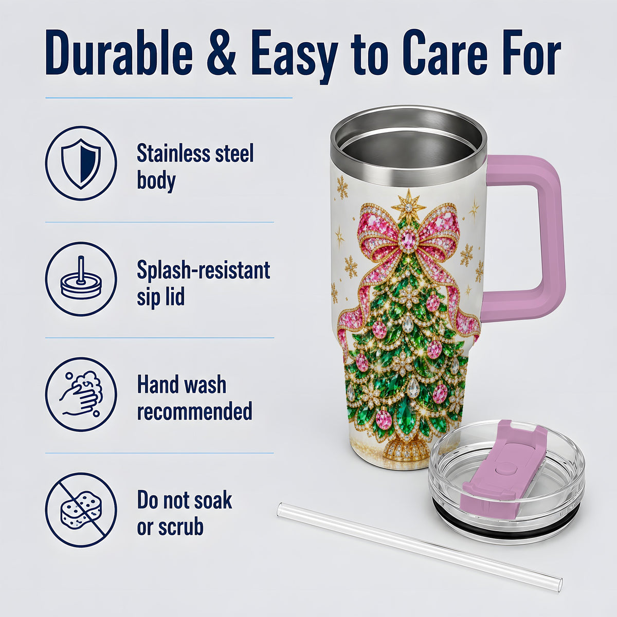 #pl[40oz|Pink] Jeweled Christmas Tree 40oz Tumbler, Sparkling Holiday Artwork