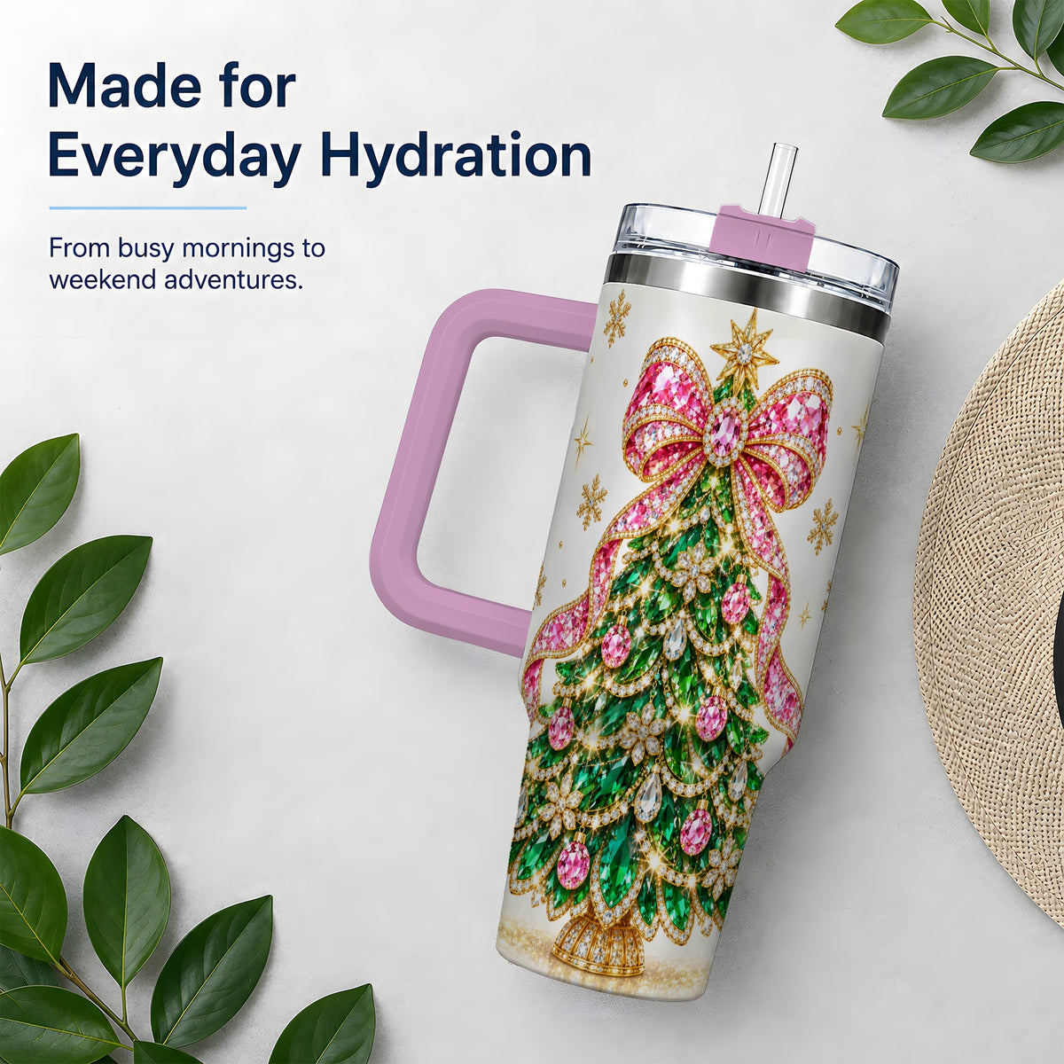 #pl[40oz|Pink] Jeweled Christmas Tree 40oz Tumbler, Sparkling Holiday Artwork