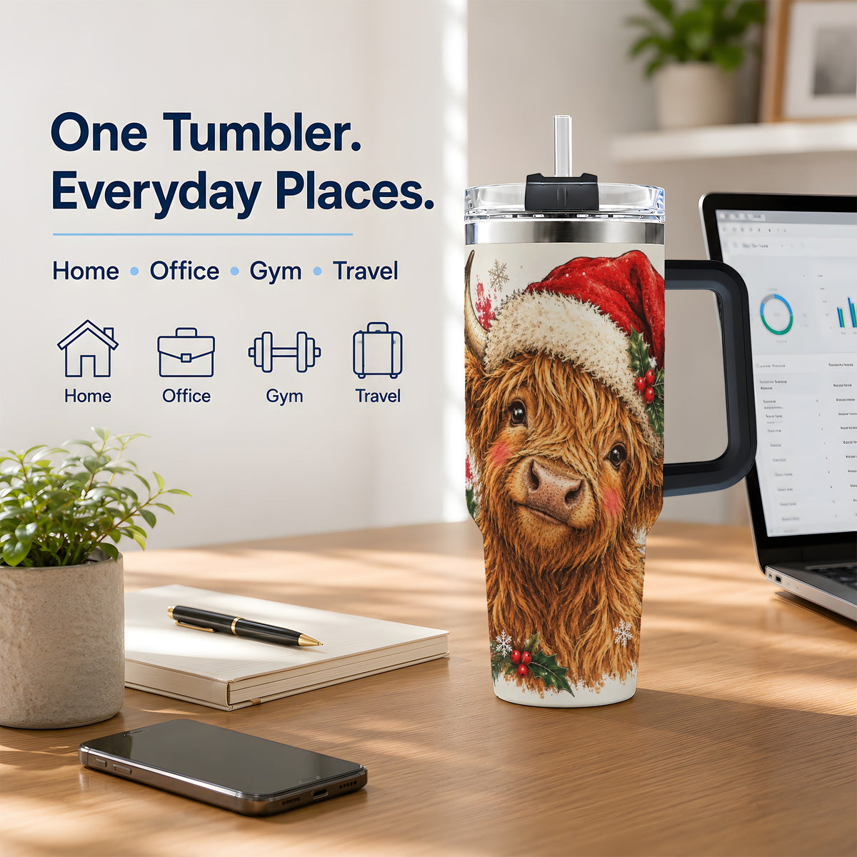 #pl[40oz|Black] Christmas Highland Cow 40oz Tumbler, Festive Holly Cow Artwork