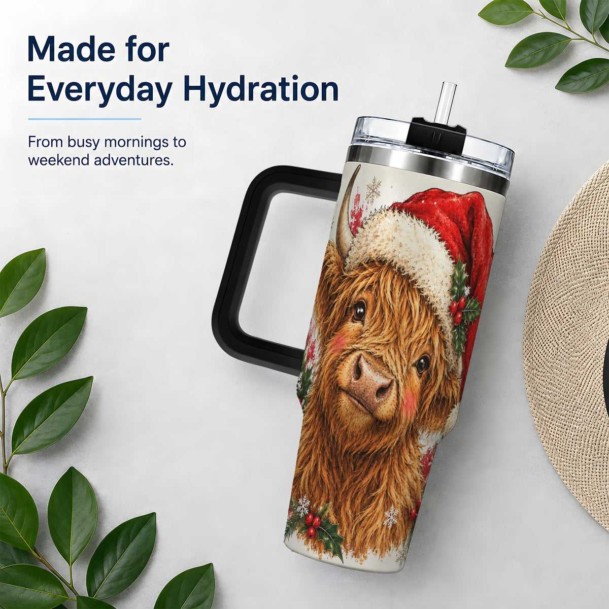 #pl[40oz|Black] Christmas Highland Cow 40oz Tumbler, Festive Holly Cow Artwork