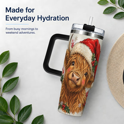 #pl[40oz|Black] Christmas Highland Cow 40oz Tumbler, Festive Holly Cow Artwork