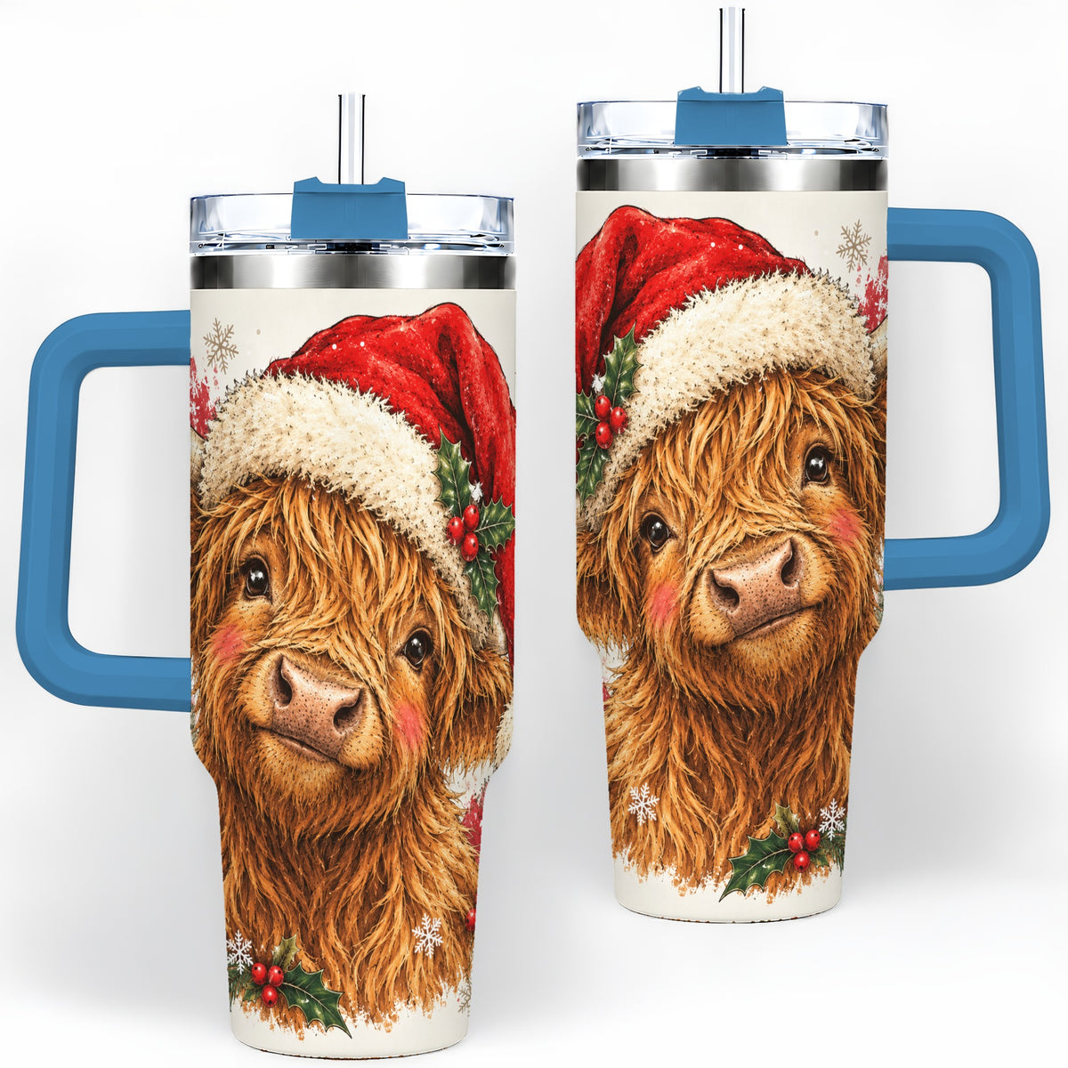 #pl[40oz|Blue] Christmas Highland Cow 40oz Tumbler, Festive Holly Cow Artwork