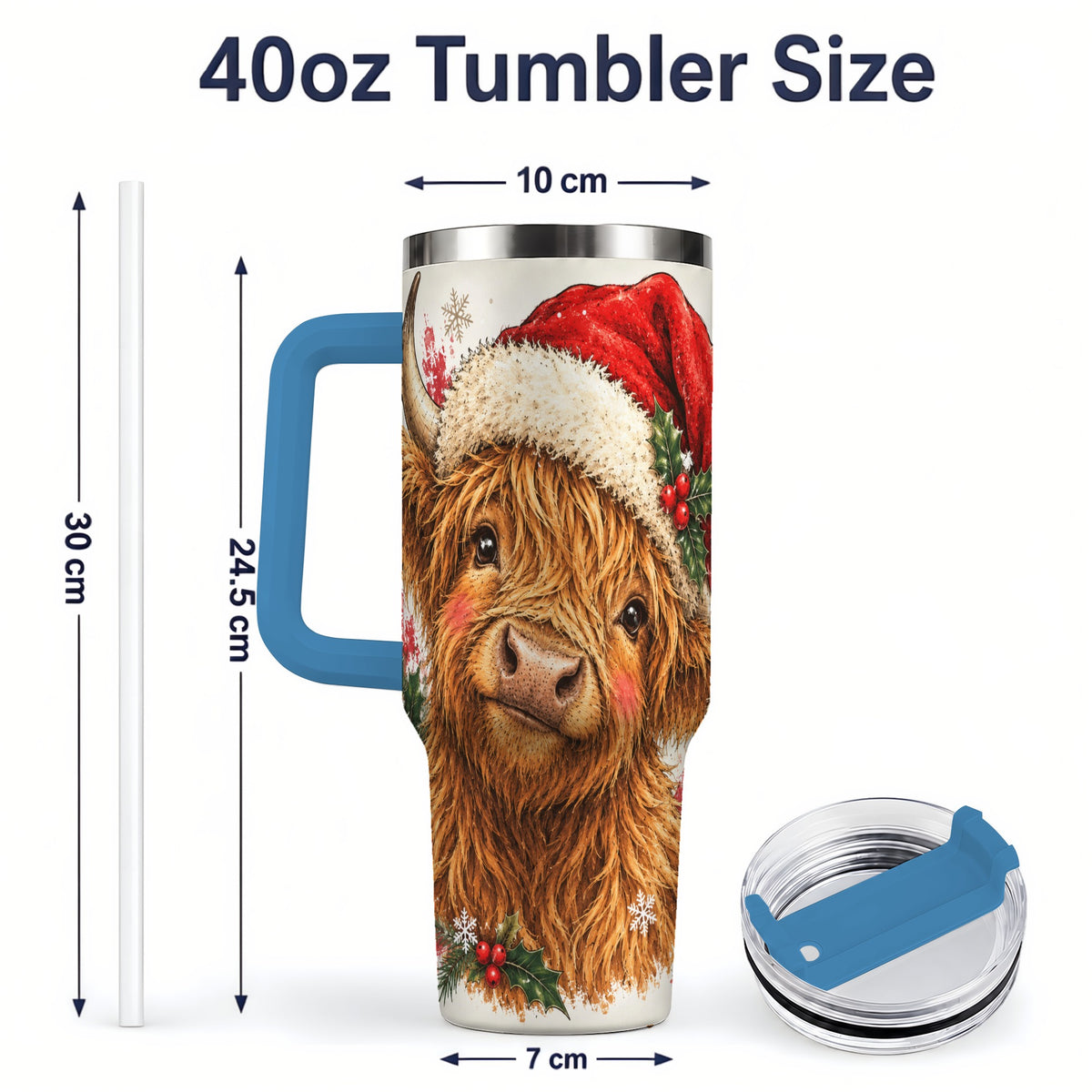 #pl[40oz|Blue] Christmas Highland Cow 40oz Tumbler, Festive Holly Cow Artwork