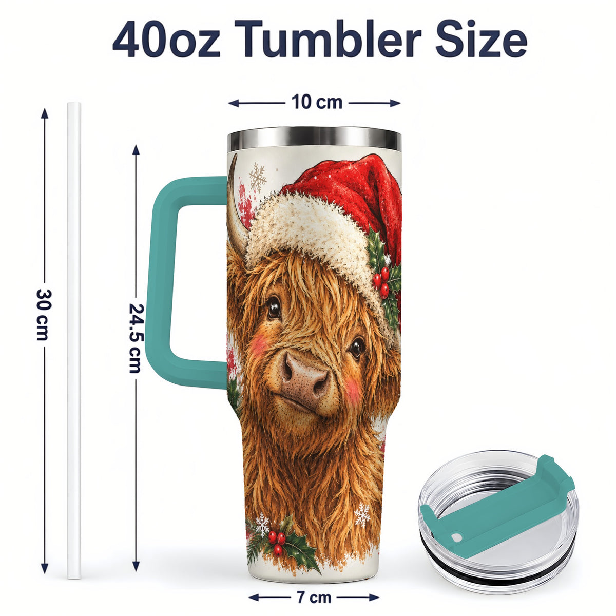 #pl[40oz|Green] Christmas Highland Cow 40oz Tumbler, Festive Holly Cow Artwork