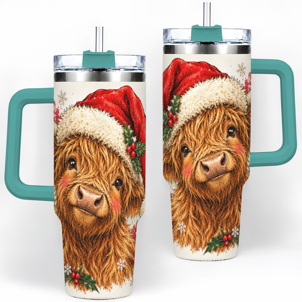 #pl[40oz|Green] Christmas Highland Cow 40oz Tumbler, Festive Holly Cow Artwork