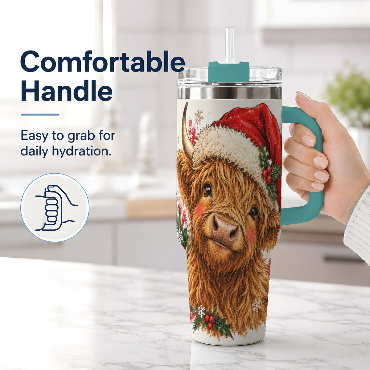#pl[40oz|Green] Christmas Highland Cow 40oz Tumbler, Festive Holly Cow Artwork