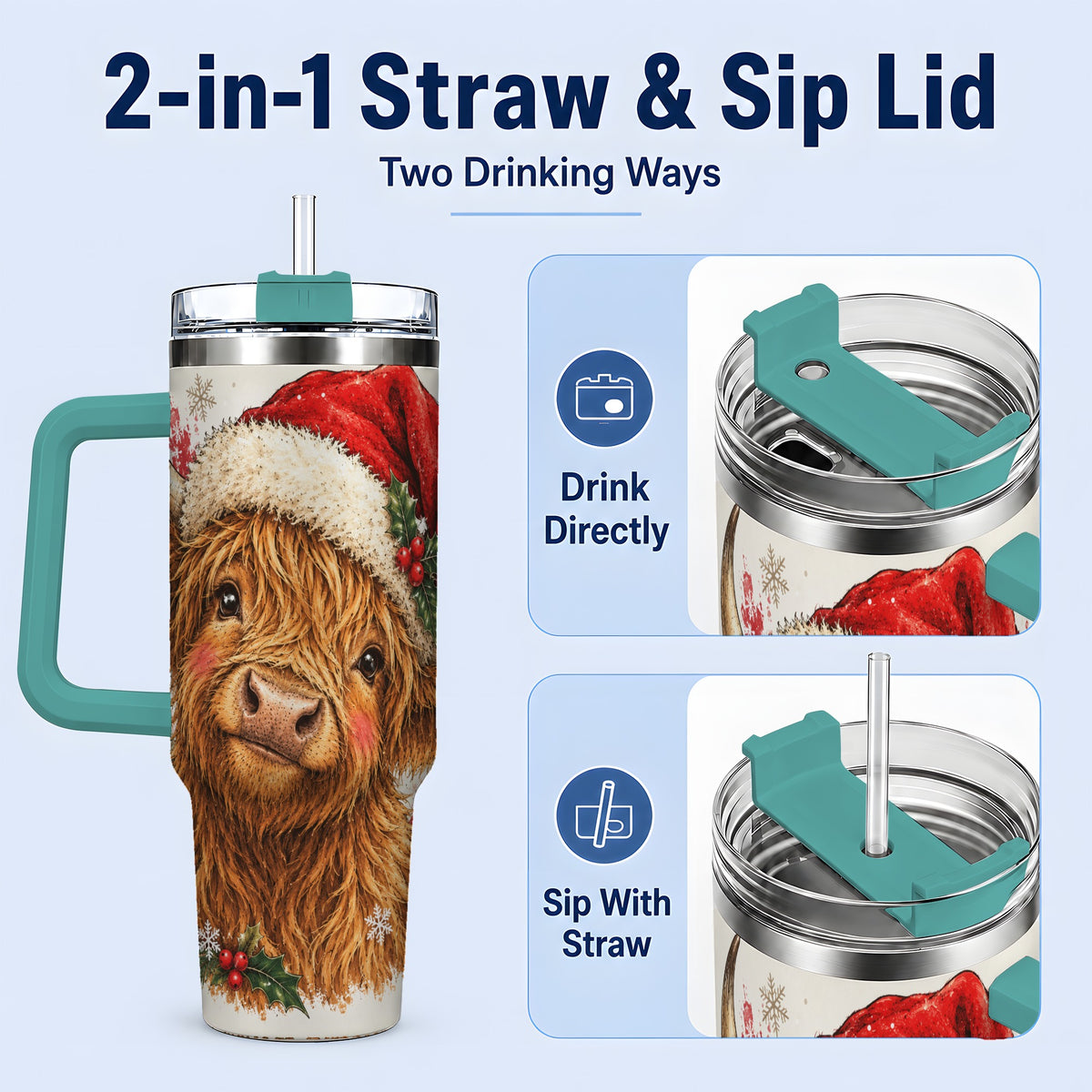 #pl[40oz|Green] Christmas Highland Cow 40oz Tumbler, Festive Holly Cow Artwork