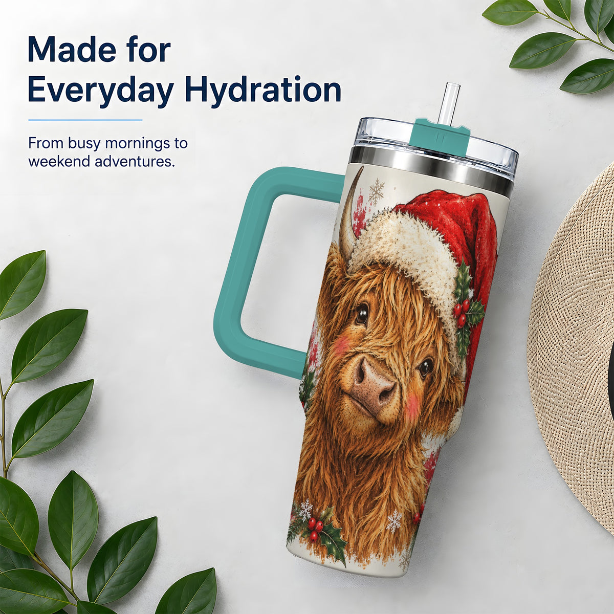 #pl[40oz|Green] Christmas Highland Cow 40oz Tumbler, Festive Holly Cow Artwork