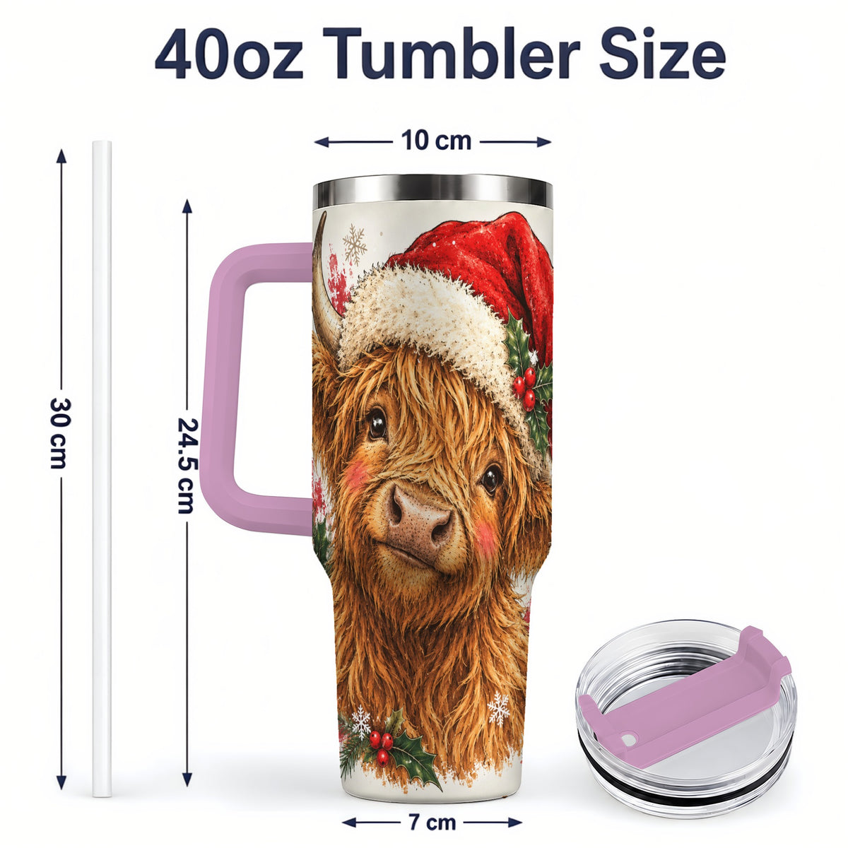 #pl[40oz|Pink] Christmas Highland Cow 40oz Tumbler, Festive Holly Cow Artwork