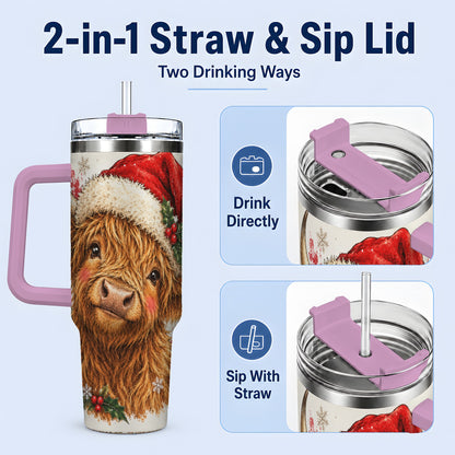 #pl[40oz|Pink] Christmas Highland Cow 40oz Tumbler, Festive Holly Cow Artwork