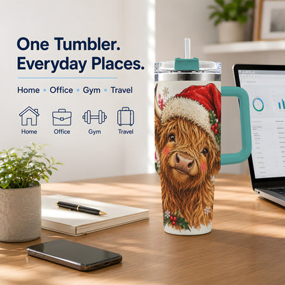 #pl[40oz|Green] Christmas Highland Cow 40oz Tumbler, Festive Holly Cow Artwork