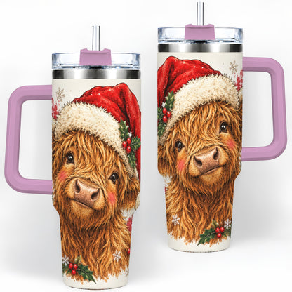 #pl[40oz|Pink] Christmas Highland Cow 40oz Tumbler, Festive Holly Cow Artwork