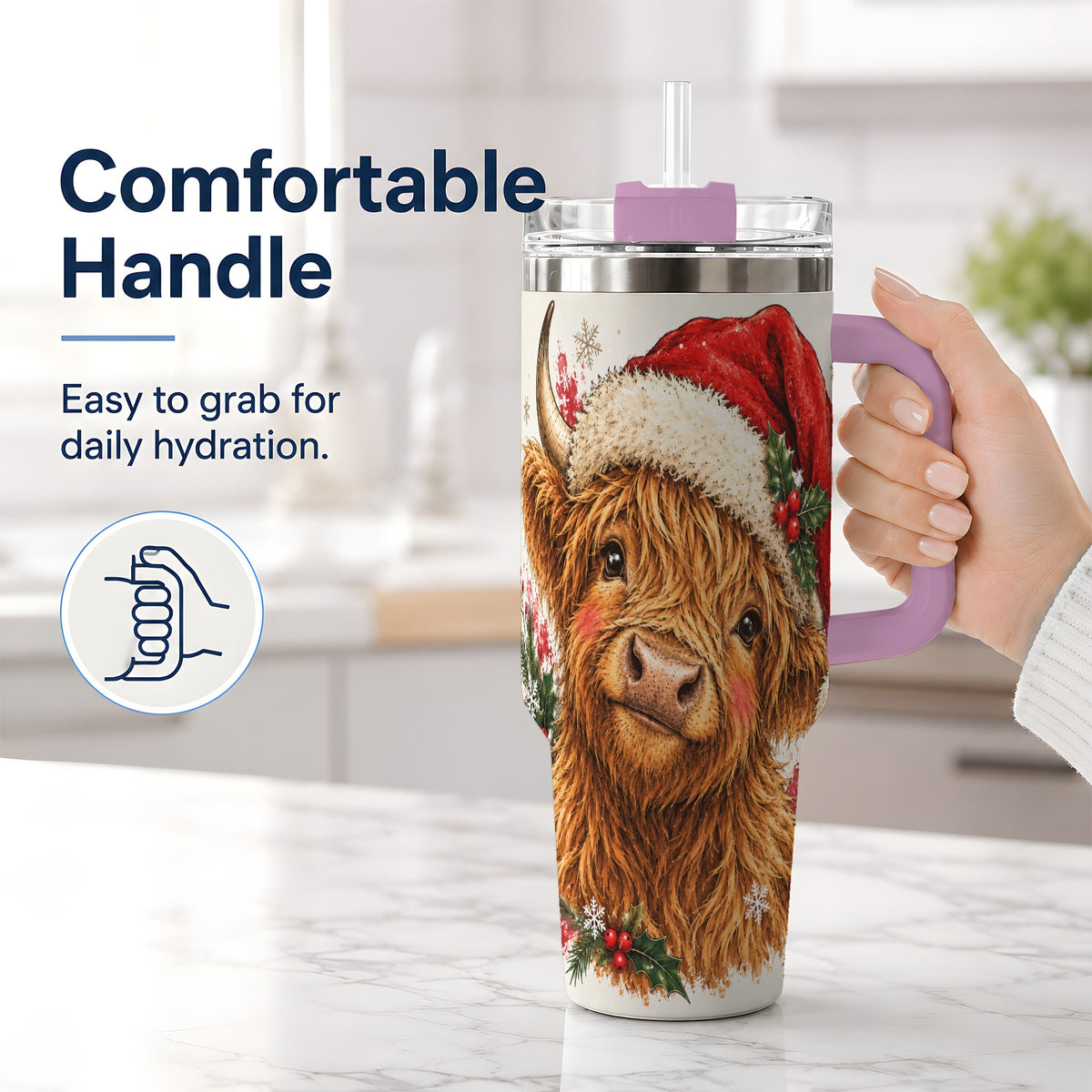 #pl[40oz|Pink] Christmas Highland Cow 40oz Tumbler, Festive Holly Cow Artwork