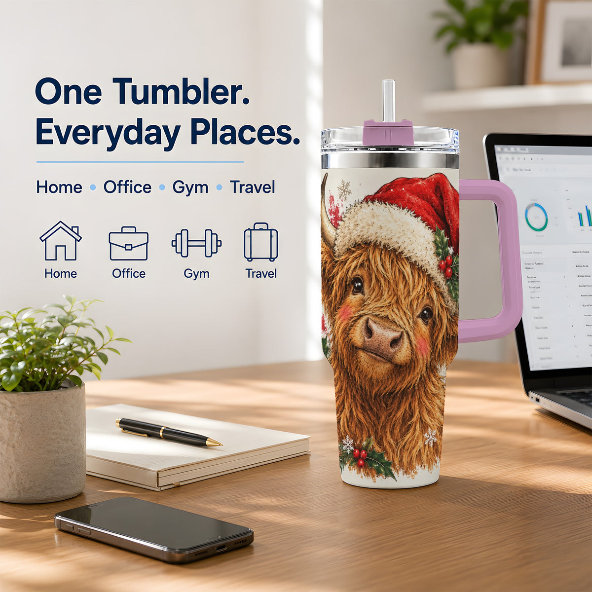 #pl[40oz|Pink] Christmas Highland Cow 40oz Tumbler, Festive Holly Cow Artwork