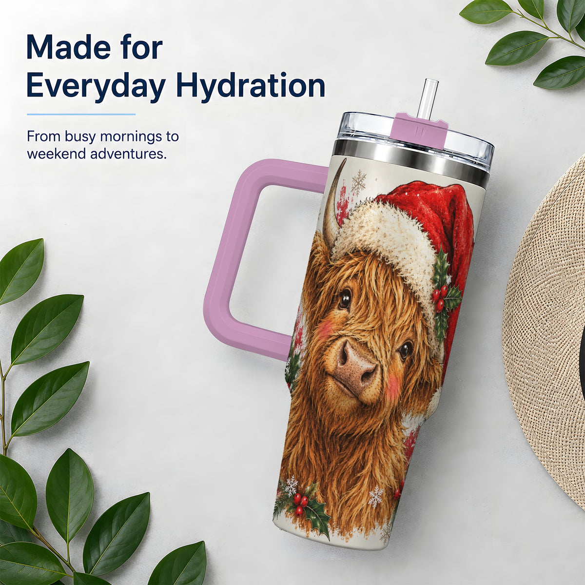 #pl[40oz|Pink] Christmas Highland Cow 40oz Tumbler, Festive Holly Cow Artwork