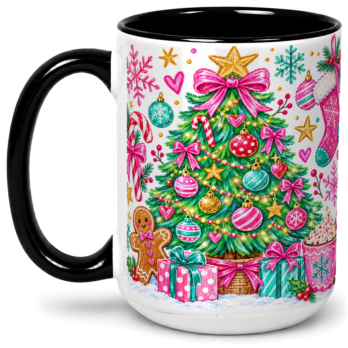 #pl[15oz|Black] Pink Christmas Tree Ceramic Mug, Festive Candy Cane Holiday Design