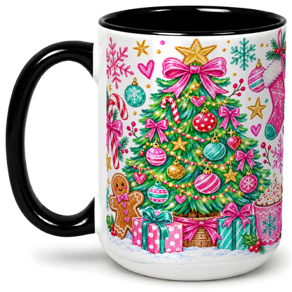#pl[15oz|Black] Pink Christmas Tree Ceramic Mug, Festive Candy Cane Holiday Design