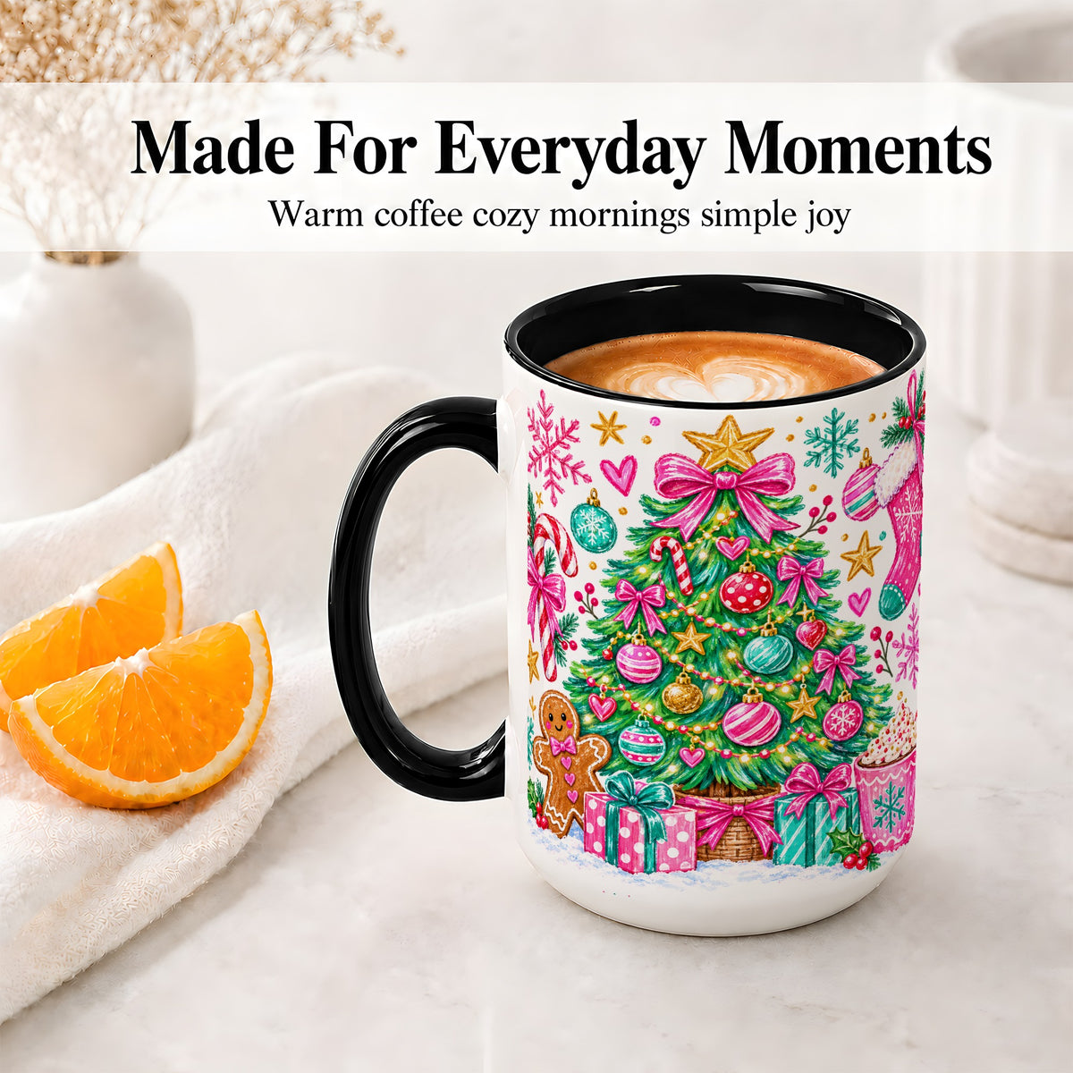 #pl[15oz|Black] Pink Christmas Tree Ceramic Mug, Festive Candy Cane Holiday Design