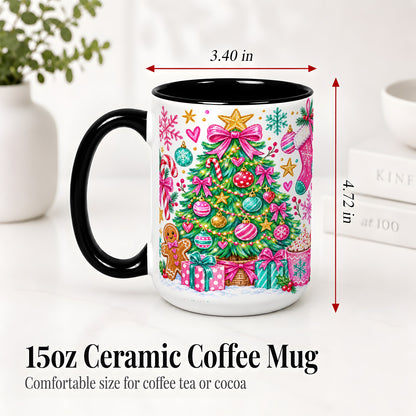 #pl[15oz|Black] Pink Christmas Tree Ceramic Mug, Festive Candy Cane Holiday Design