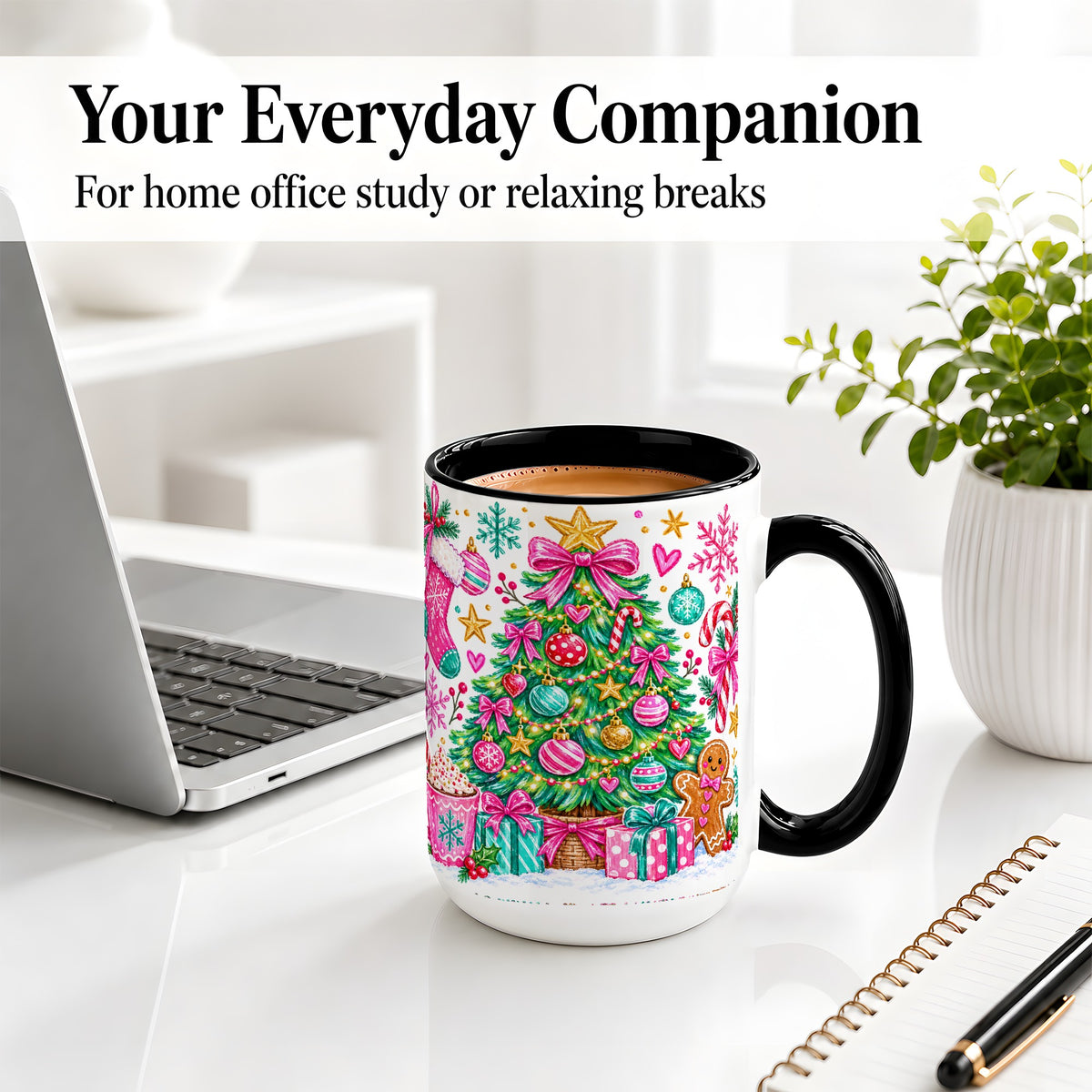 #pl[15oz|Black] Pink Christmas Tree Ceramic Mug, Festive Candy Cane Holiday Design